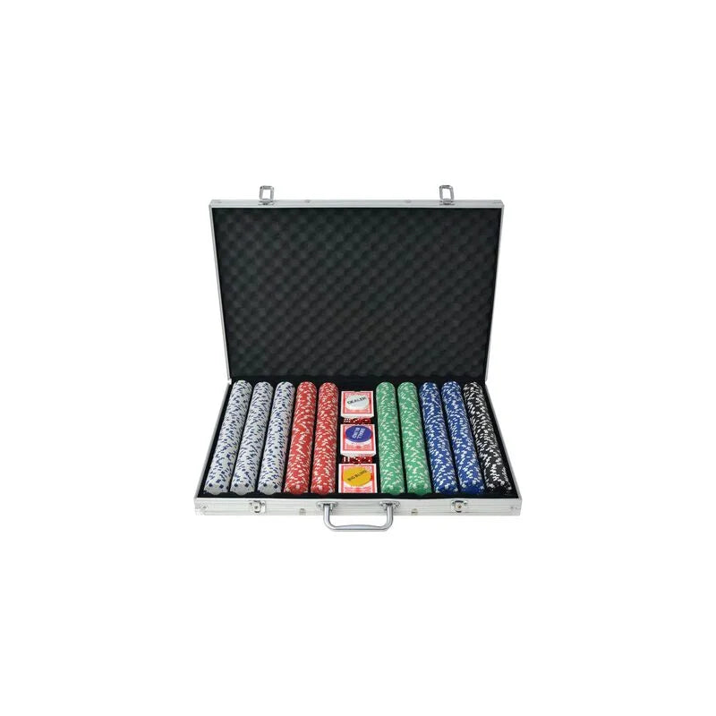Mallette de poker 1000 jetons The Dice en aluminium ouverte avec cartes et bouton dealer