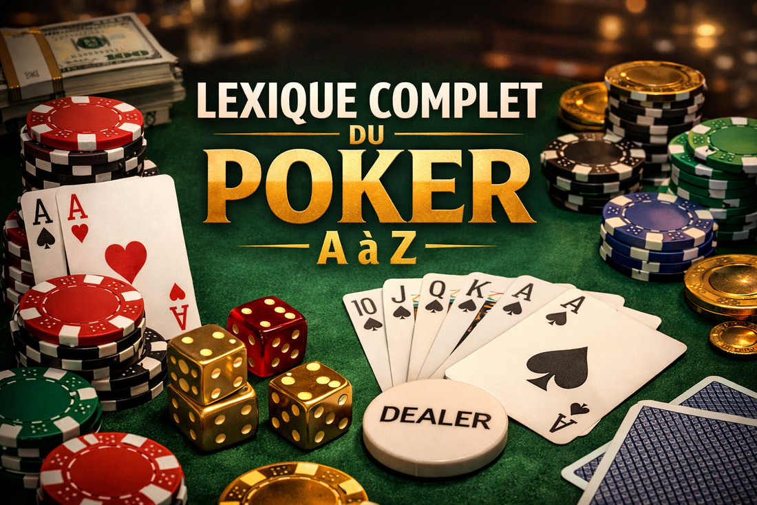 Lexique complet du poker A à Z – table de poker avec cartes, jetons colorés, dés dorés et bouton dealer, illustrant les termes poker tels que all-in, flop, nuts et bluff pour un guide complet pour débutants et pros