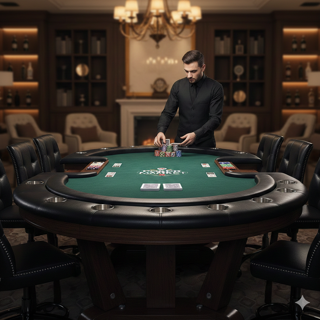 Table de poker professionnelle prix haut de gamme avec tapis vert et repose-bras en cuir dans un salon de luxe
