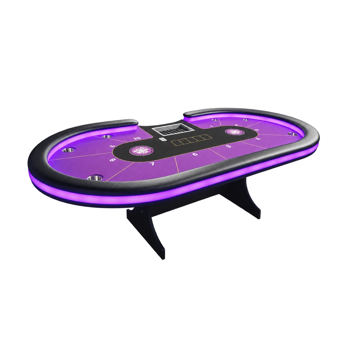 table de poker professionnel tapis violet feutrine gg poker, avec rack de jeton alu, accoudoir simili cuir noir et porte gobelet, capacité 10 joueurs