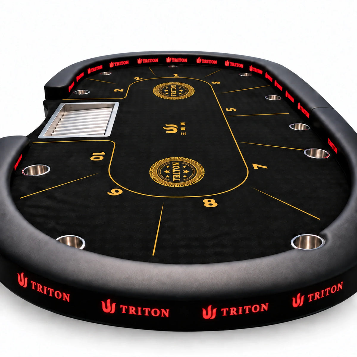 table de poker haut de gamme triton vue latérale accoudoir noir rack de jetons et accoudoir noir