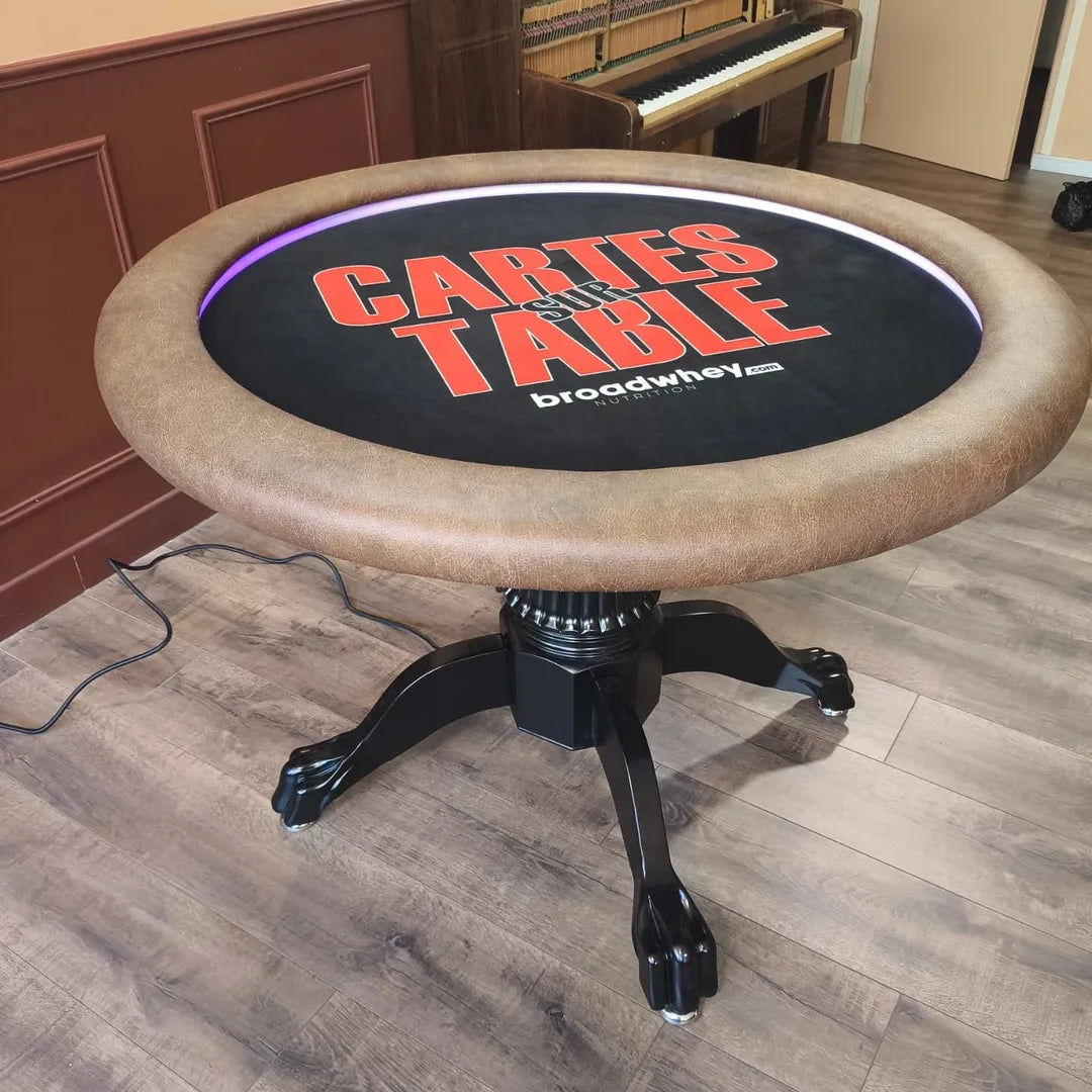 table de poker ronde 6 joueurs pieds robuste en bois noir laqué