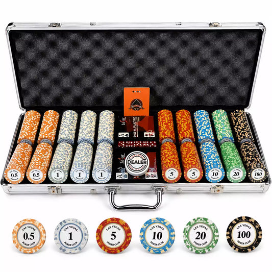 Mallette de poker 500 jetons céramique Las Vegas avec valeurs, cartes et accessoires