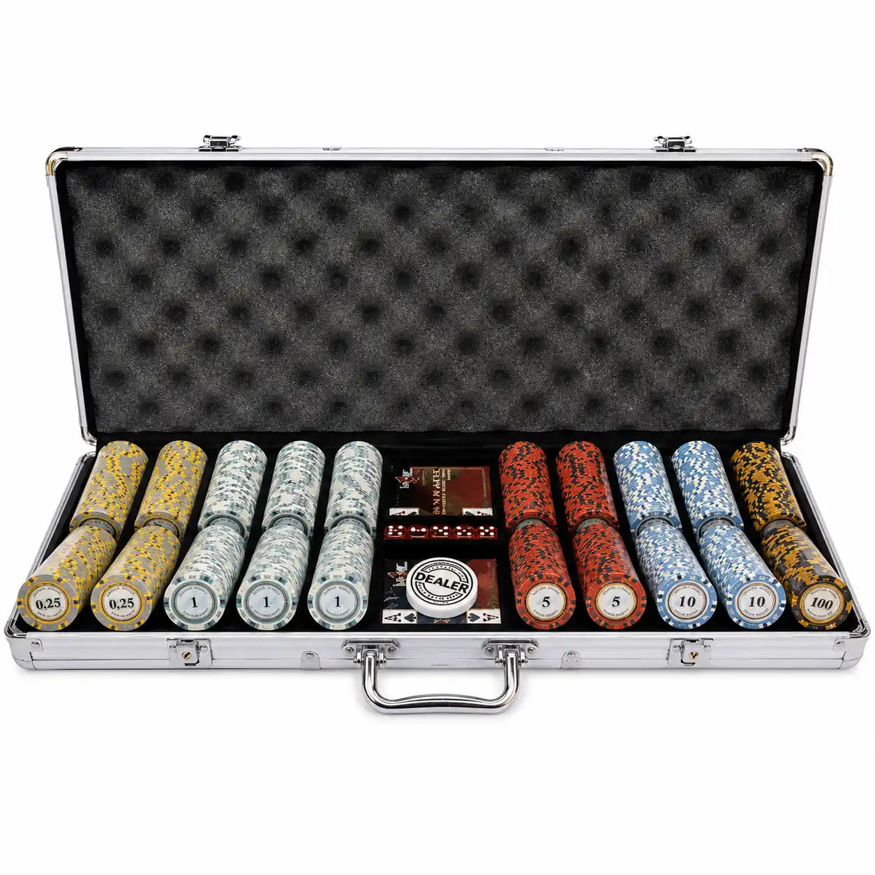 Mallette Poker Monte Carlo aluminium 500 jetons clay composite avec carte et bouton dealer premium