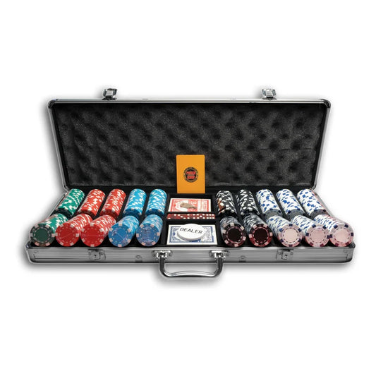 Mallette de poker 750 jetons Classic Dice en aluminium ouverte avec cartes et bouton dealer