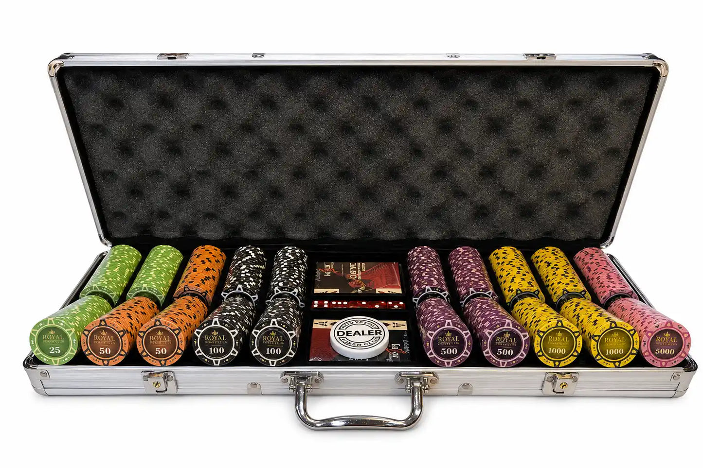 Mallette de poker 500 jetons Royal Cardroom pour cash game, ouverte avec cartes et bouton dealer