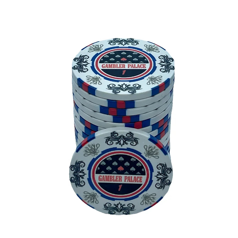 jeton poker gambler palace couleur blanc et bleu valeur 1