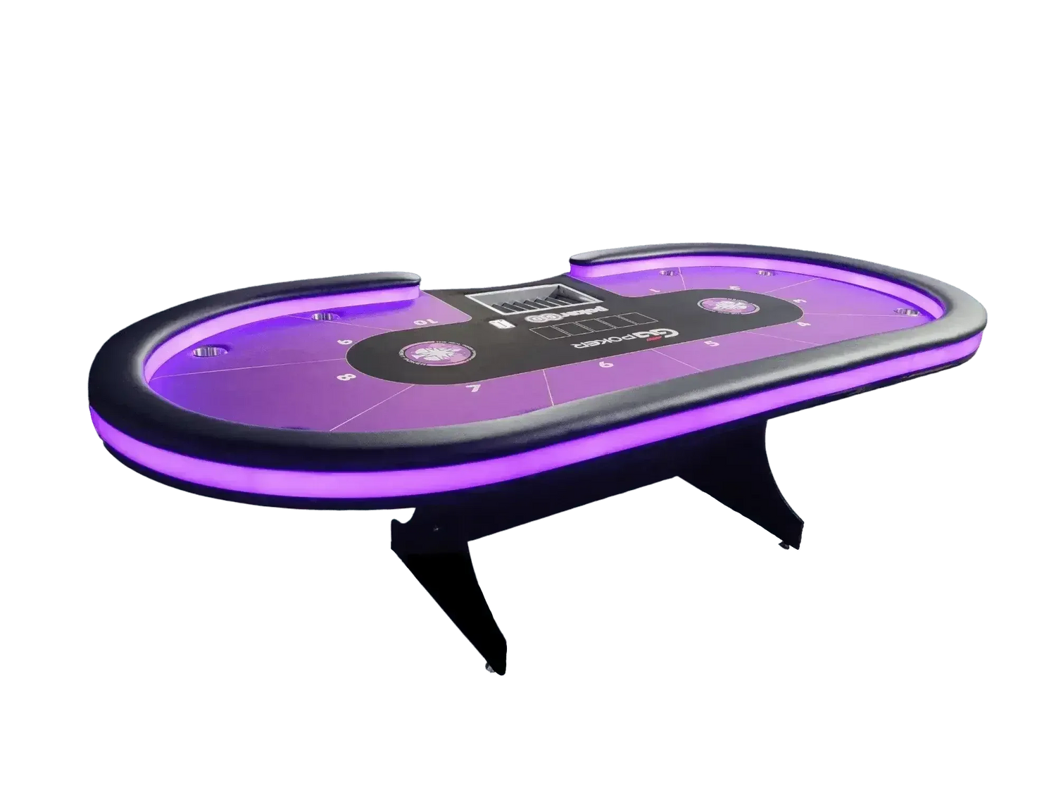 table de poker professionnel tapis violet feutrine gg poker, avec rack de jeton alu, accoudoir simili cuir noir et porte gobelet, capacité 10 joueurs