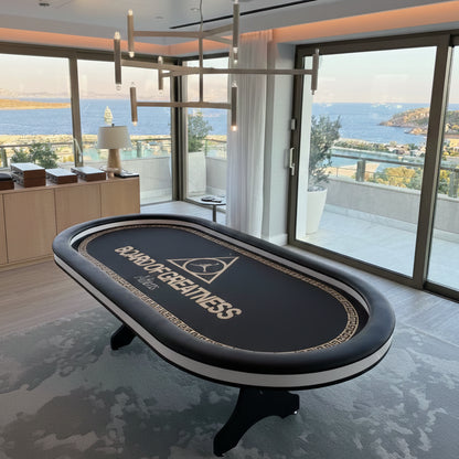 Table de poker professionnelle Jordan pour 10 joueur tapis noir et or en feutrine accoudoir en cuir noir