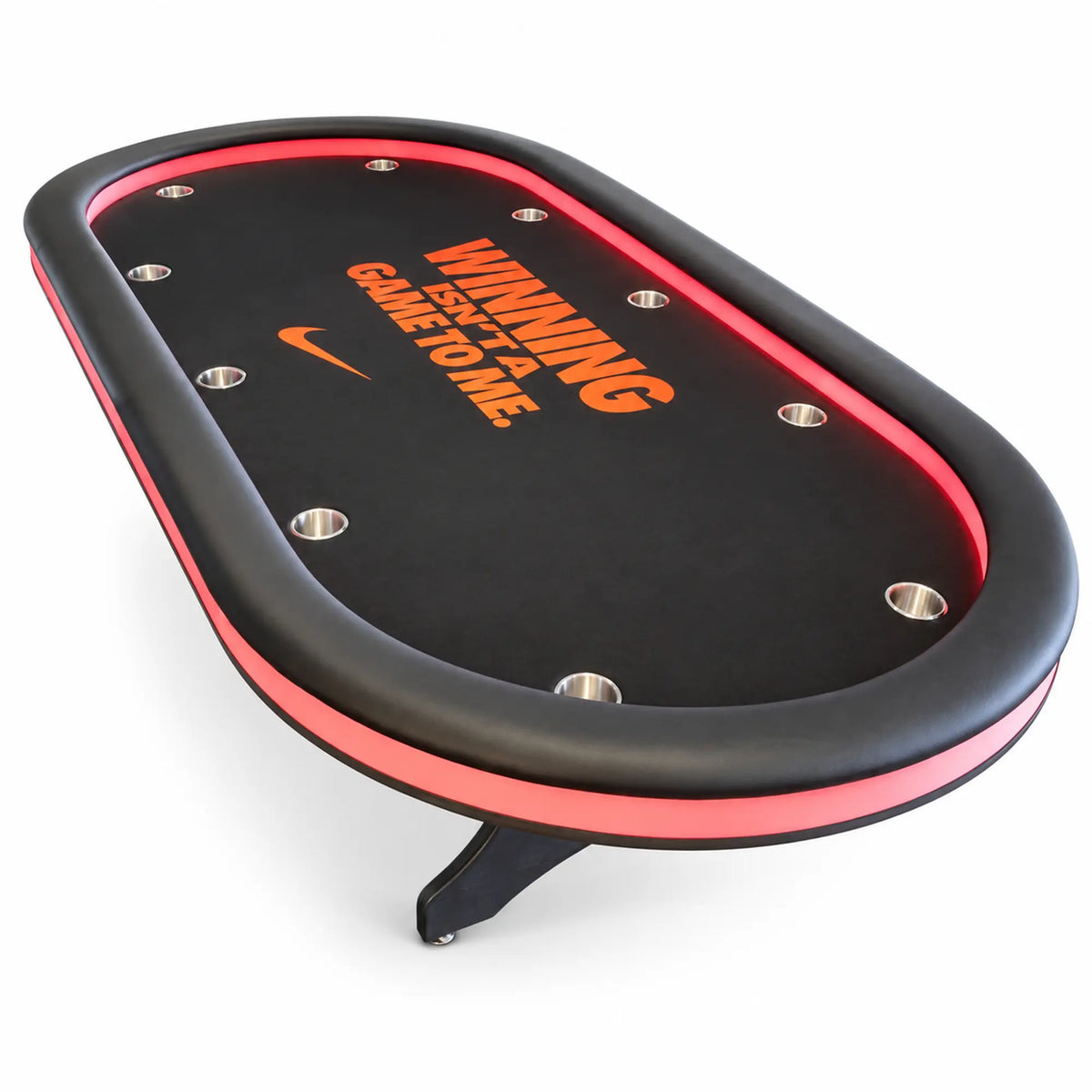 table de poker nike noir et rouge tapis feutrine design professionnel capacité 10 joueurs, accoudoir en cuir noir, porte gobelet alu