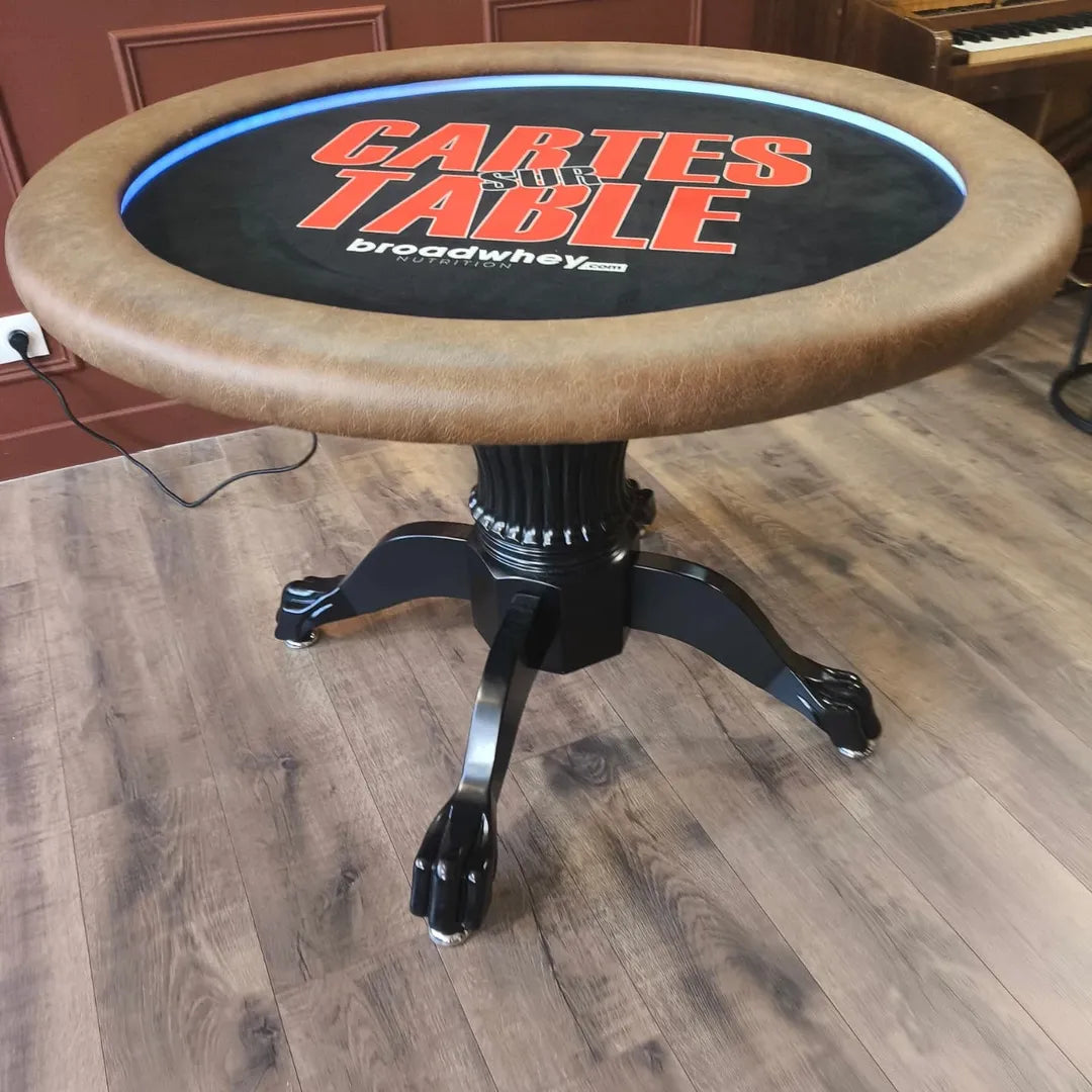 table de poker ronde led 6 joueurs 120 cm tapis feutrine noir pied bois