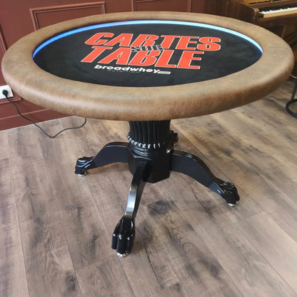 table de poker ronde led 6 joueurs 120 cm tapis feutrine noir pied bois