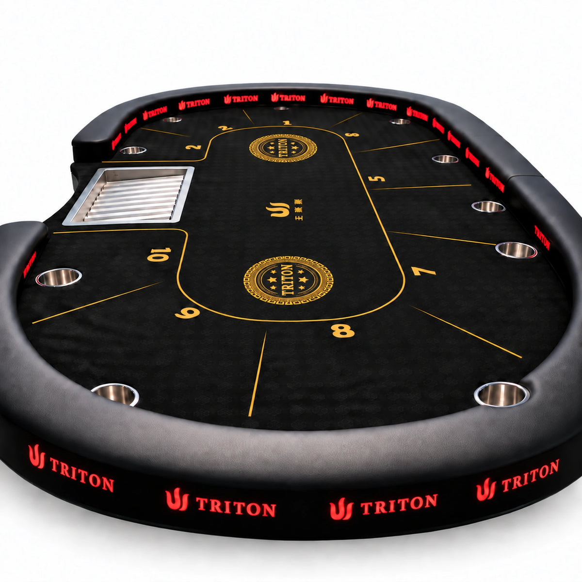table de poker haut de gamme triton vue latérale accoudoir noir rack de jetons et accoudoir noir
