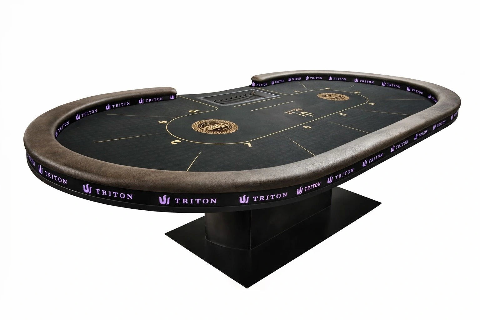 Table poker professionnelle Triton noir et or 10 joueur tapis en feutrine haute de gamme accoudoir en cuir marron et rack de jetons alu