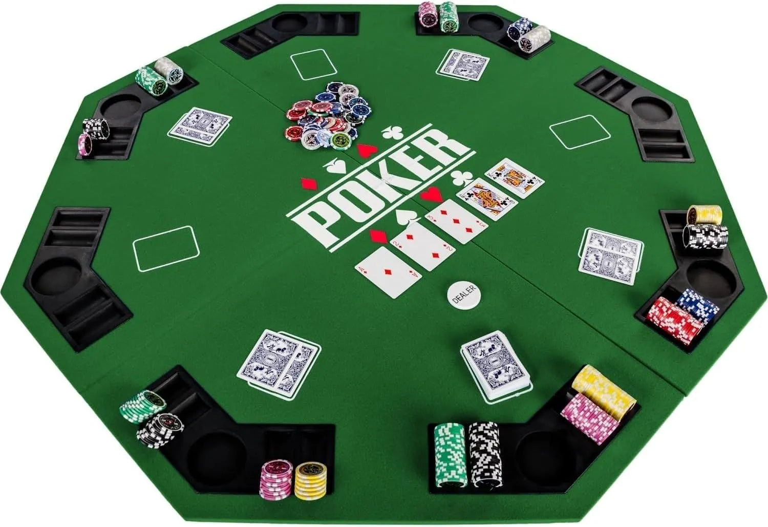 GAMES PLANET Support De Poker Pliable Full House Pour Jusqu'À 8 Joueurs, Octogonal, Dimensions 120 X 120 Cm, Plateau En MDF, 8 Porte-Boissons, 8 Chiptrays, Vert